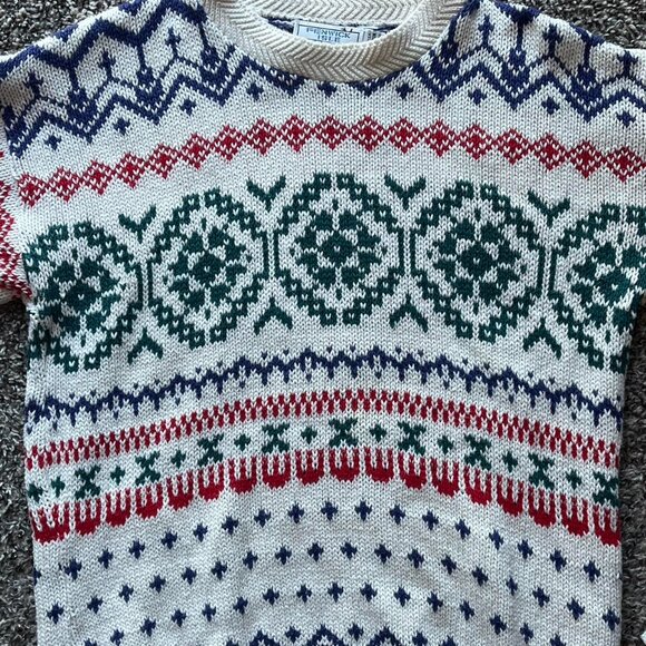 Fenwick Isle Red White Blue Fair Isle Sweater Men M Geometric Aztec Made in USA - Picture 2 of 8